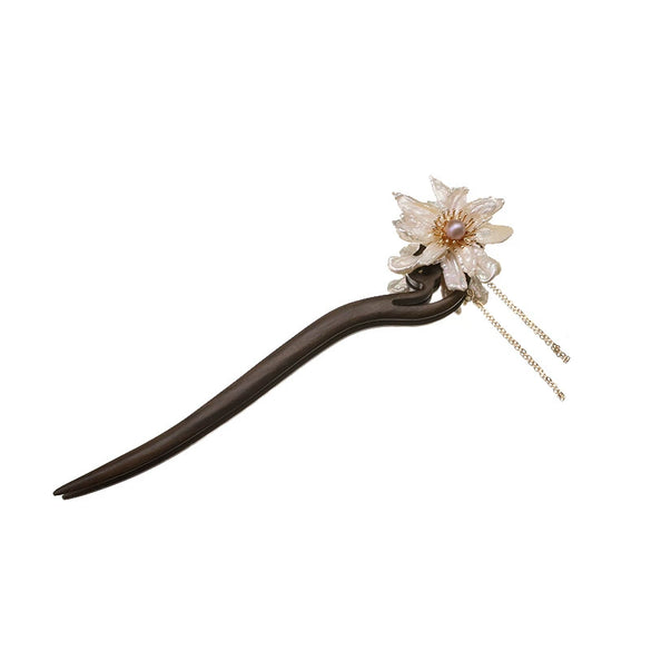 Hairpin Natural Pearl Wooden Ebony Antique Flowers Handmade