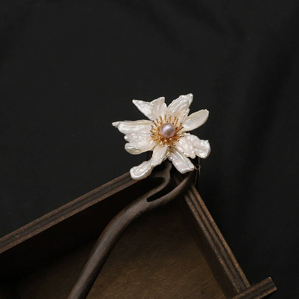 Hairpin Natural Pearl Wooden Ebony Antique Flowers Handmade