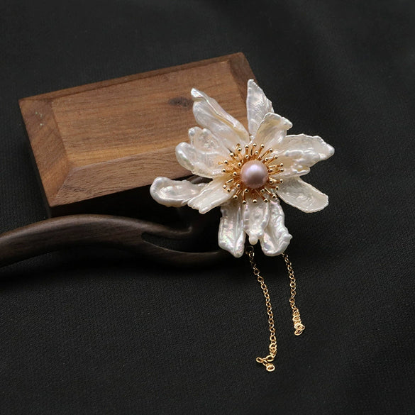 Hairpin Natural Pearl Wooden Ebony Antique Flowers Handmade