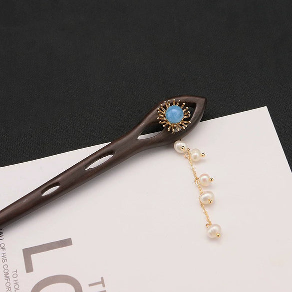 Hairpin Sandalwood Pearl Geometric Retro Handmade