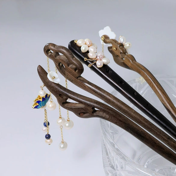 Hairpin Sandalwood Pearl Geometric Retro Handmade