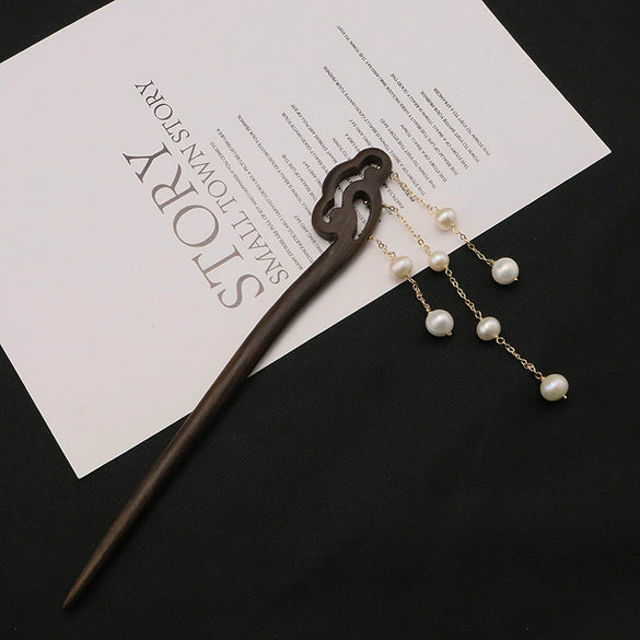 Hairpin Sandalwood Pearl Geometric Retro Handmade