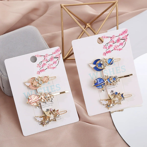 Hairpin Side Clip Metal Inlaid With Gold Starry Sky Wings Design For Girls