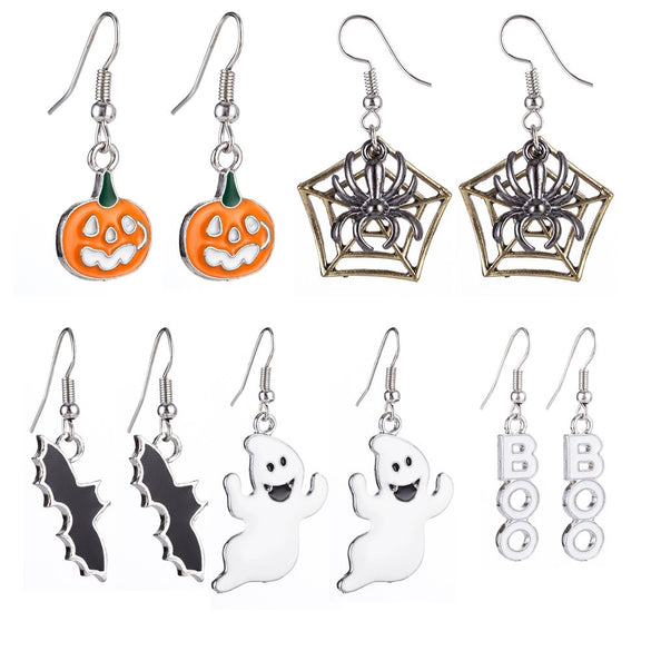 Halloween Alloy Pumpkin Earrings With Bat Spider And Ghost Cartoon Charms In A Fun Punk Hip Hop Style