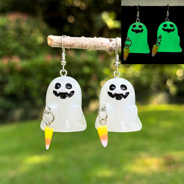 Halloween Luminous Resin Handmade Earrings With Stereo White Ghost Pumpkin Corn Sugar Heart Pendant And Cartoon Characters Pattern