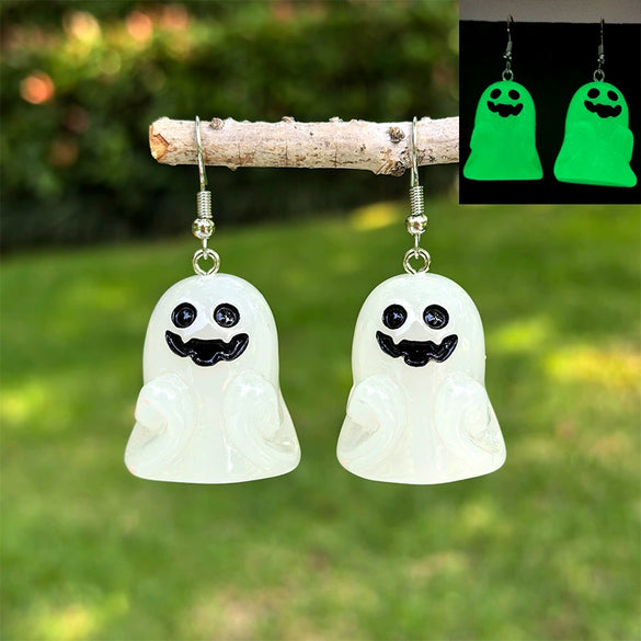 Halloween Luminous Resin Handmade Earrings With Stereo White Ghost Pumpkin Corn Sugar Heart Pendant And Cartoon Characters Pattern