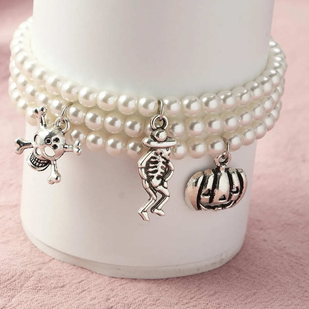 Halloween Metal Skull Bat Ghost Pendant Pearl Bracelet Wholesale Nihaojewelry