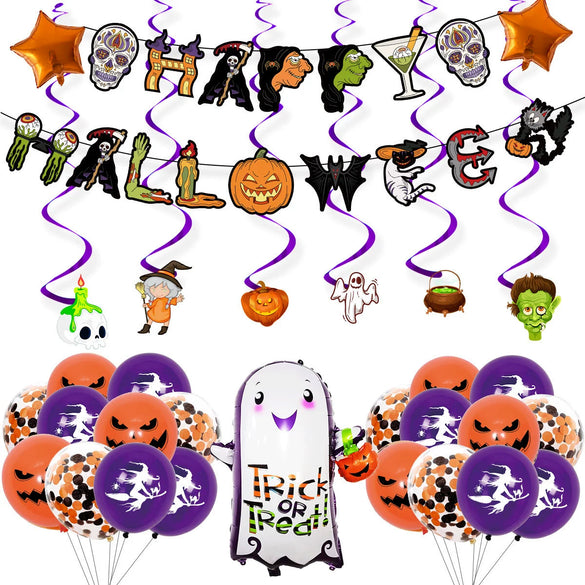 Halloween Party Decoration Aluminum Film And Latex Balloon Suit With Skull Pumpkin Candy Spider Design Round Shape