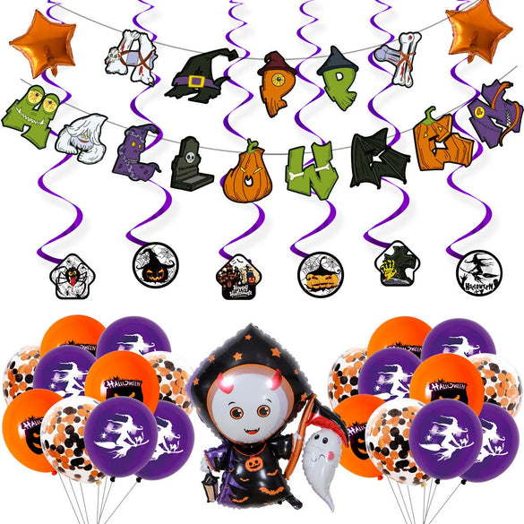 Halloween Party Decoration Aluminum Film And Latex Balloon Suit With Skull Pumpkin Candy Spider Design Round Shape