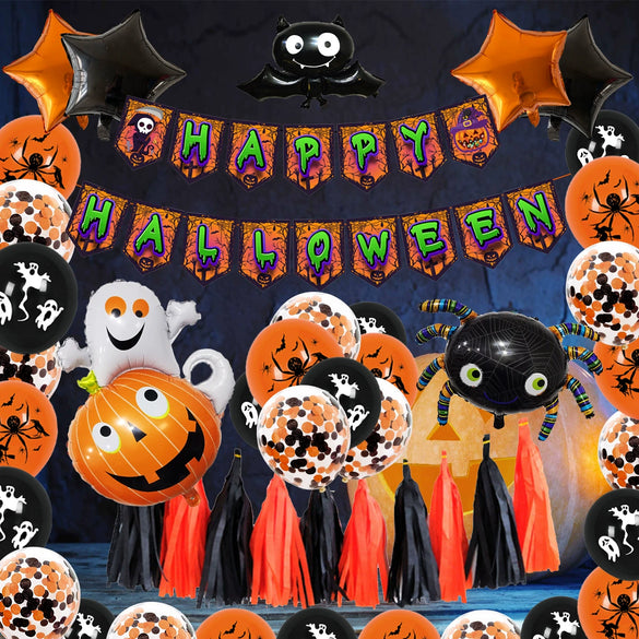 Halloween Party Decoration Balloon Suit With Pumpkin Flag Tassel Latex And Aluminum Film Round Shape