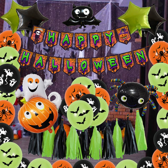 Halloween Party Decoration Balloon Suit With Pumpkin Flag Tassel Latex And Aluminum Film Round Shape