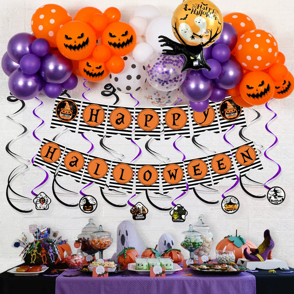 Halloween Round Latex Balloon Party Decoration With Rain Silk Curtain Arrangement And Print