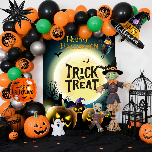 Halloween Series Black Orange Party Balloon Set With Round Latex Balloons And Halloween Background Cloth Theme Decoration