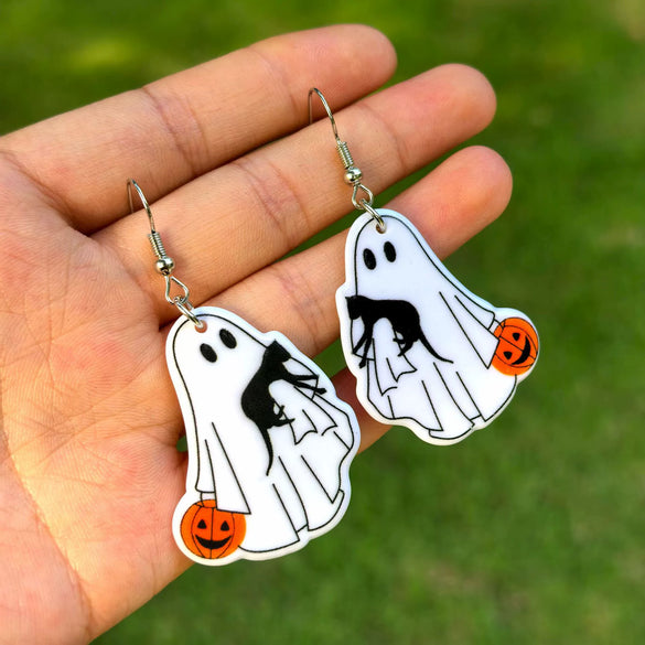 Halloween Thanksgiving Acrylic Double Sided Printed Earrings With Pumpkin White Ghost Cow Black Cat Pendant In Cartoon Animal Zodiac Design For Women