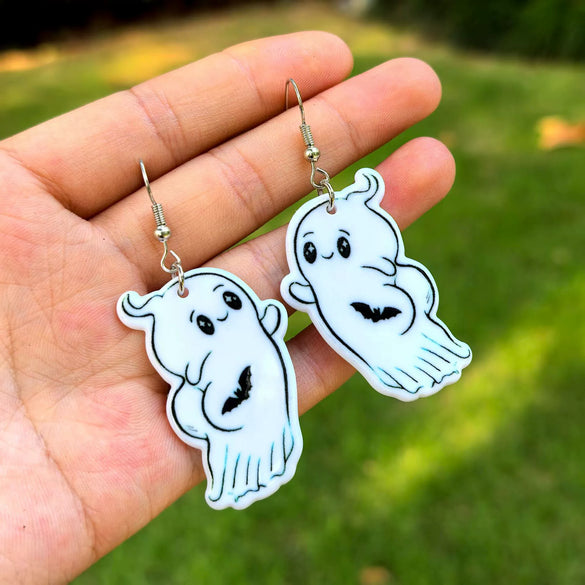 Halloween Thanksgiving Acrylic Double Sided Printed Earrings With Pumpkin White Ghost Cow Black Cat Pendant In Cartoon Animal Zodiac Design For Women
