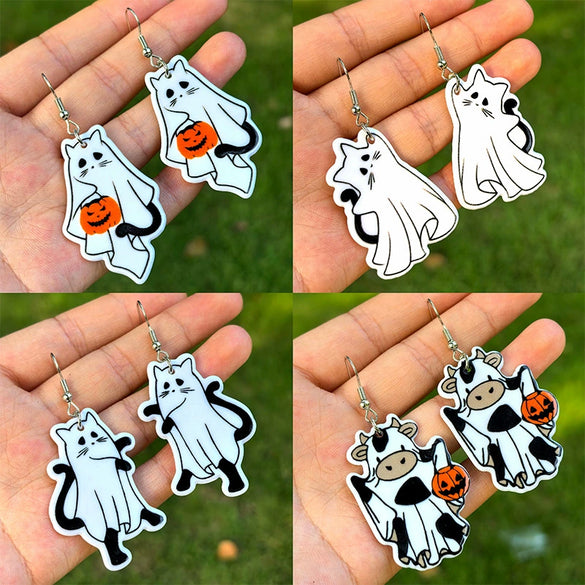 Halloween Thanksgiving Acrylic Double Sided Printed Earrings With Pumpkin White Ghost Cow Black Cat Pendant In Cartoon Animal Zodiac Design For Women