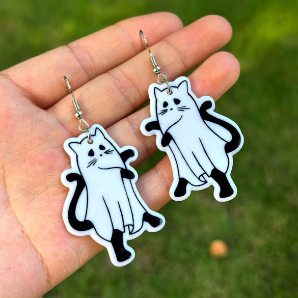 Halloween Thanksgiving Acrylic Double Sided Printed Earrings With Pumpkin White Ghost Cow Black Cat Pendant In Cartoon Animal Zodiac Design For Women