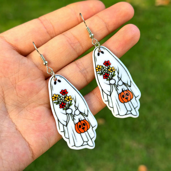 Halloween Thanksgiving Acrylic Double Sided Printed Earrings With Pumpkin White Ghost Cow Black Cat Pendant In Cartoon Animal Zodiac Design For Women