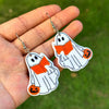 Halloween Thanksgiving Acrylic Double Sided Printed Earrings With Pumpkin White Ghost Cow Black Cat Pendant In Cartoon Animal Zodiac Design For Women