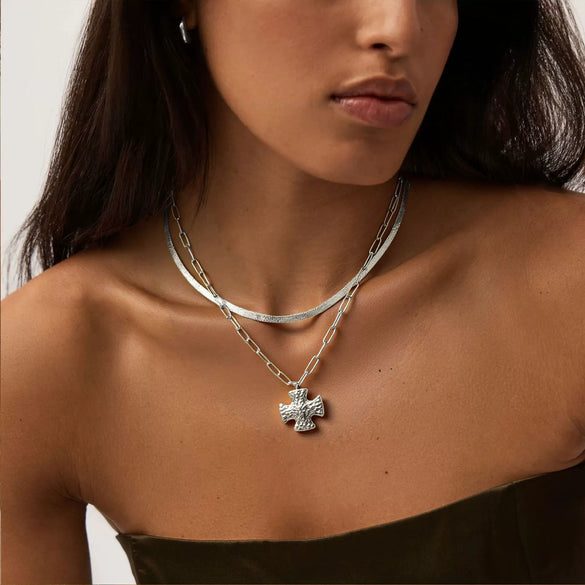 Hammered Geometric Cross Necklace For Women In Electroplated Stainless Steel With Gold Tone Chain Jewelry