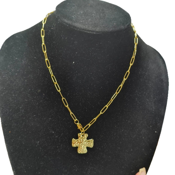 Hammered Geometric Cross Necklace For Women In Electroplated Stainless Steel With Gold Tone Chain Jewelry