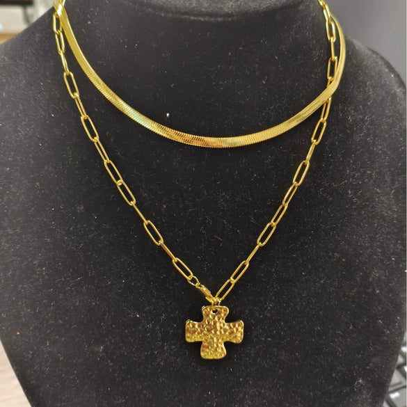 Hammered Geometric Cross Necklace For Women In Electroplated Stainless Steel With Gold Tone Chain Jewelry