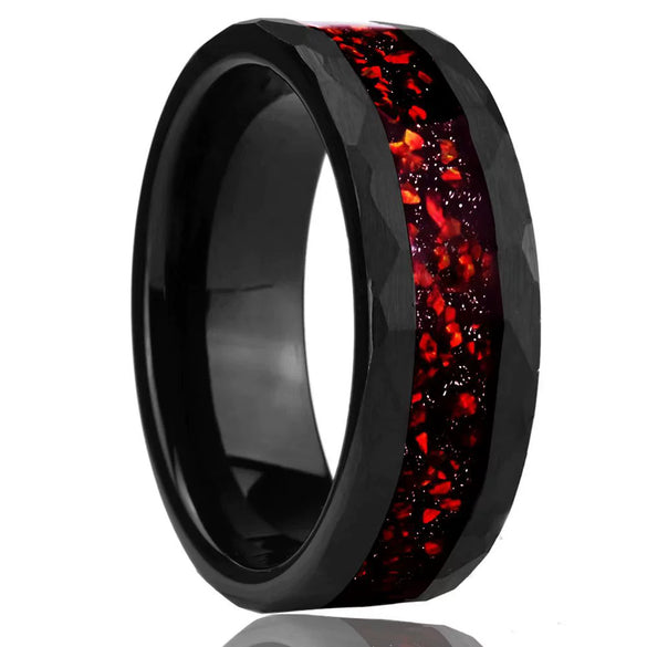 Hand Hammered Black Electroplated Tungsten Steel Ring With Red Opal Inlay Minimalist Unisex Jewelry