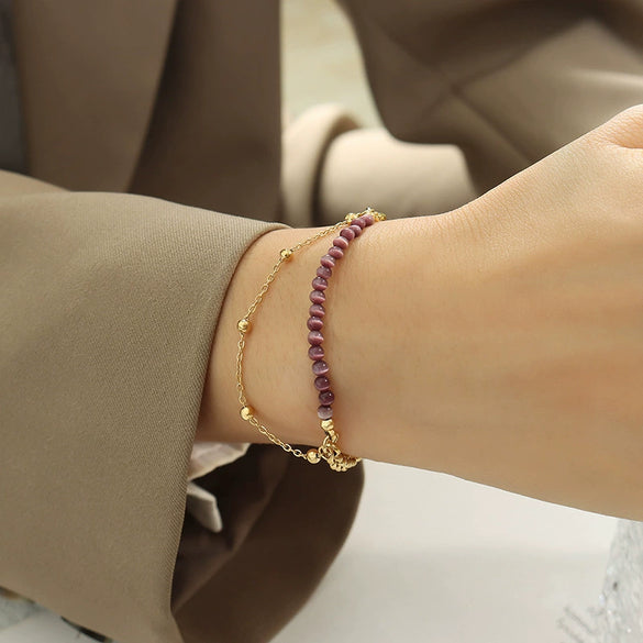 Hand Jewelry Casual Style Doublelayer Chain 316L Stainless Steel 18K Gold Plated Geometric Bracelet For Women