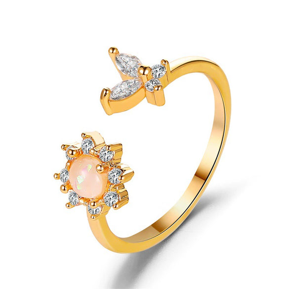 Hand Jewelry Copper Opal Sunflower Butterfly Open Ring Threepiece Set Electroplating Geometric Style
