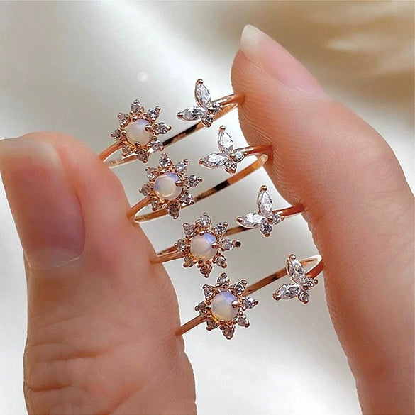 Hand Jewelry Copper Opal Sunflower Butterfly Open Ring Threepiece Set Electroplating Geometric Style