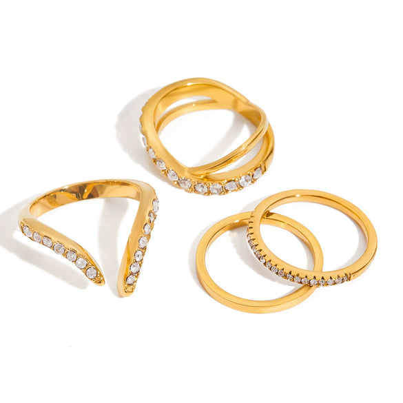 Hand Jewelry Stainless Steel 18K Gold Plated Geometric Plain Ring Inlaid With Diamond For Women