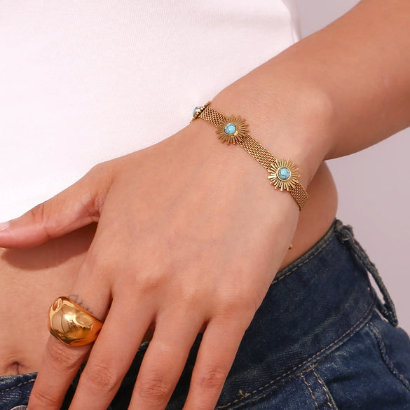 Hand Jewelry Stainless Steel 18K Gold Plated Turquoise Sunflower Braided Geometric Style Bracelet For Women