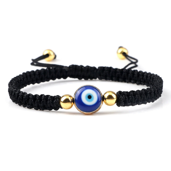 Hand Knitted Geometric Cord Bracelet With Gold And Silver Beads And Blue Eye Detail Flat Knot Good Luck Bracelet For Unisex
