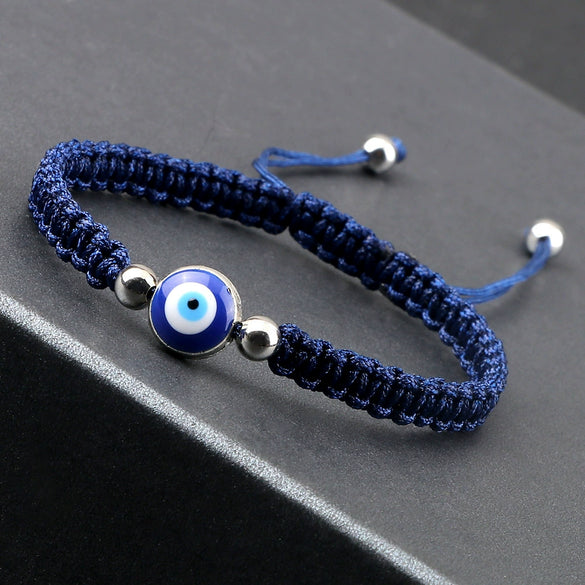 Hand Knitted Geometric Cord Bracelet With Gold And Silver Beads And Blue Eye Detail Flat Knot Good Luck Bracelet For Unisex