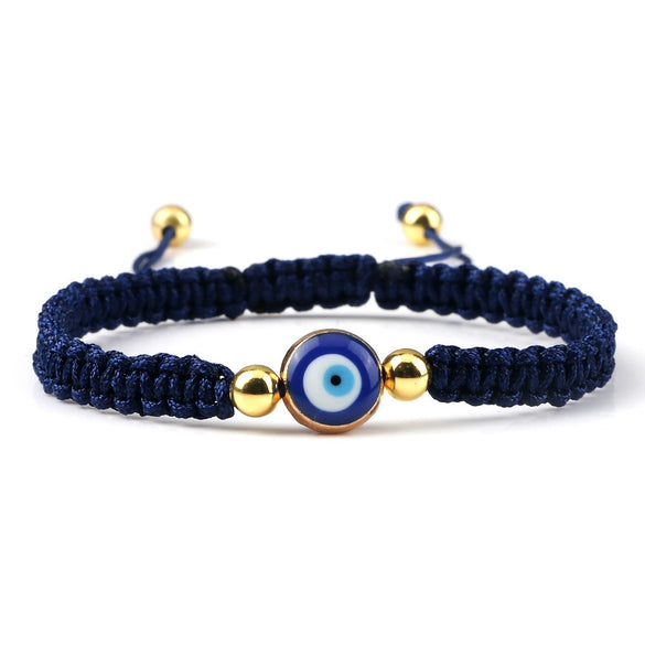 Hand Knitted Geometric Cord Bracelet With Gold And Silver Beads And Blue Eye Detail Flat Knot Good Luck Bracelet For Unisex