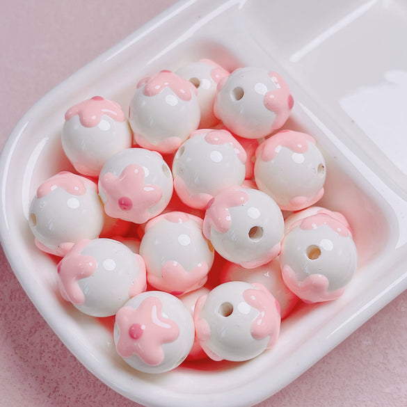 Hand Painted Flower Round Beads Beaded Diy Mobile Phone Chain And Key Chain Acrylic Jewelry Accessories For Cute Girls