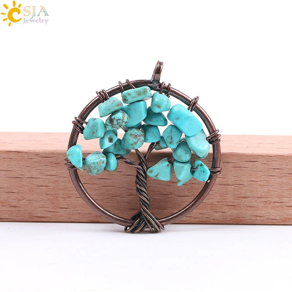 Hand Wound Natural Stone Tree Of Life Pendant Necklace With Colorful Crystal Gravel And Copper Accessories Fashion Jewelry