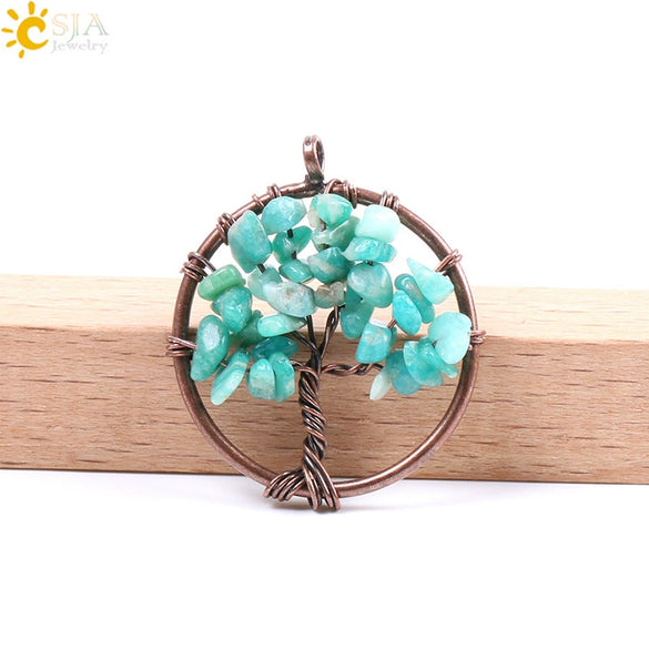 Hand Wound Natural Stone Tree Of Life Pendant Necklace With Colorful Crystal Gravel And Copper Accessories Fashion Jewelry