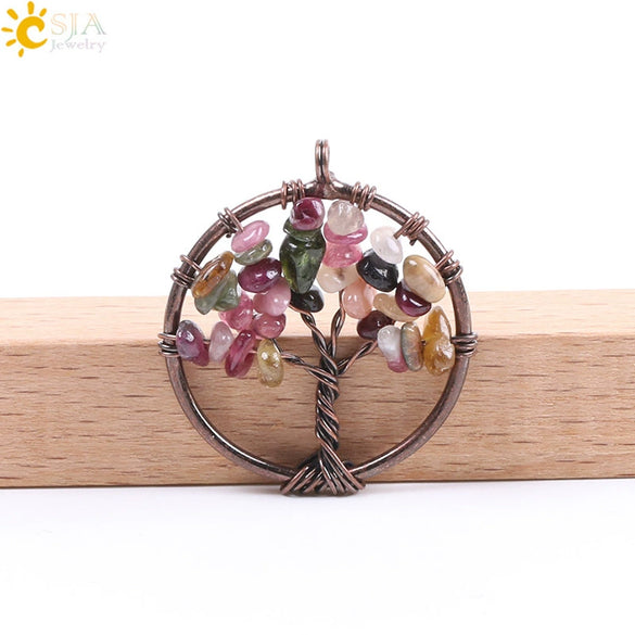 Hand Wound Natural Stone Tree Of Life Pendant Necklace With Colorful Crystal Gravel And Copper Accessories Fashion Jewelry
