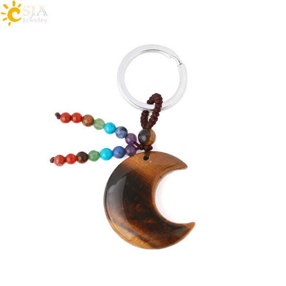 Hand Woven Natural Crystal Crescent Moon And Star Tassel Keychain Colorful Stone Rope Pendant Accessory Personality Style