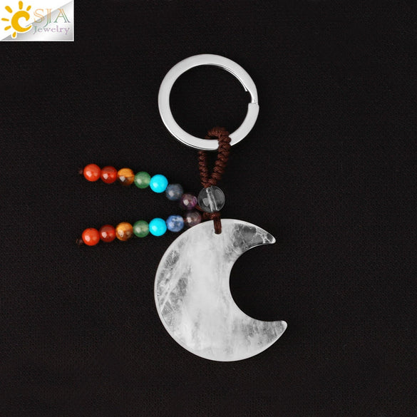 Hand Woven Natural Crystal Crescent Moon And Star Tassel Keychain Colorful Stone Rope Pendant Accessory Personality Style