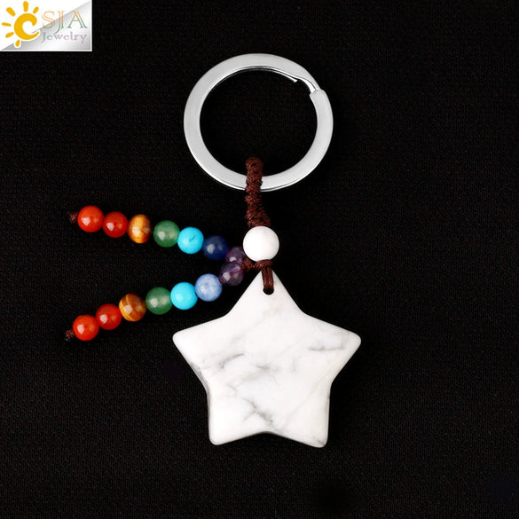 Hand Woven Natural Crystal Crescent Moon And Star Tassel Keychain Colorful Stone Rope Pendant Accessory Personality Style