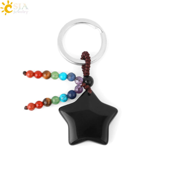 Hand Woven Natural Crystal Crescent Moon And Star Tassel Keychain Colorful Stone Rope Pendant Accessory Personality Style