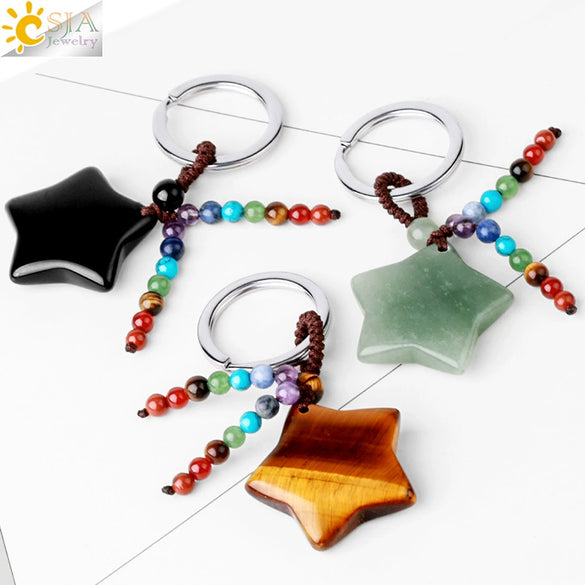 Hand Woven Natural Crystal Crescent Moon And Star Tassel Keychain Colorful Stone Rope Pendant Accessory Personality Style