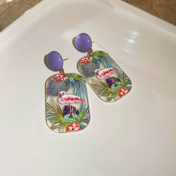 Handmade Acrylic Flowershaped Sunflower And Flamingo Earrings With French Oil Painting Style For Women