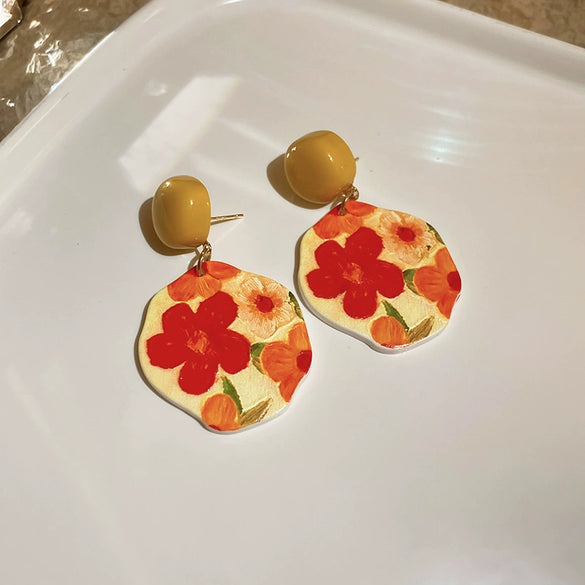 Handmade Acrylic Flowershaped Sunflower And Flamingo Earrings With French Oil Painting Style For Women