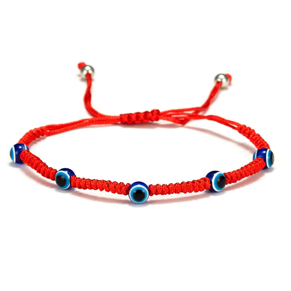 Handmade Adjustable Sevensection Geometricshaped Fashion Ol Unisex Bracelet Made Of Red Rope With Turkish Blue Eyes Design