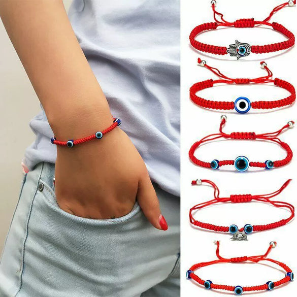 Handmade Adjustable Sevensection Geometricshaped Fashion Ol Unisex Bracelet Made Of Red Rope With Turkish Blue Eyes Design