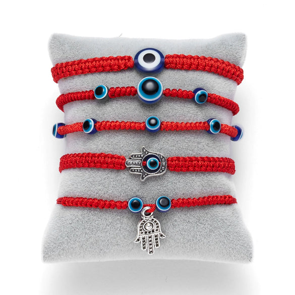 Handmade Adjustable Sevensection Geometricshaped Fashion Ol Unisex Bracelet Made Of Red Rope With Turkish Blue Eyes Design