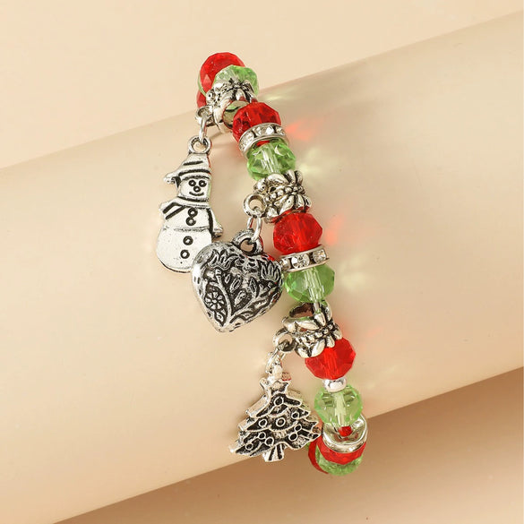 Handmade Alloy Crystal Beaded Christmas Bracelet With Tree Snowman And Love Charms Festive Jewelry For Women